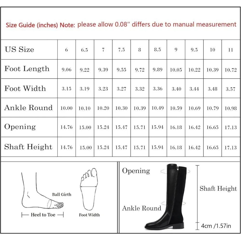 Women Polyurethane Stretch-black Round Toe Flat Heel Side Zipper Knee High Boots
